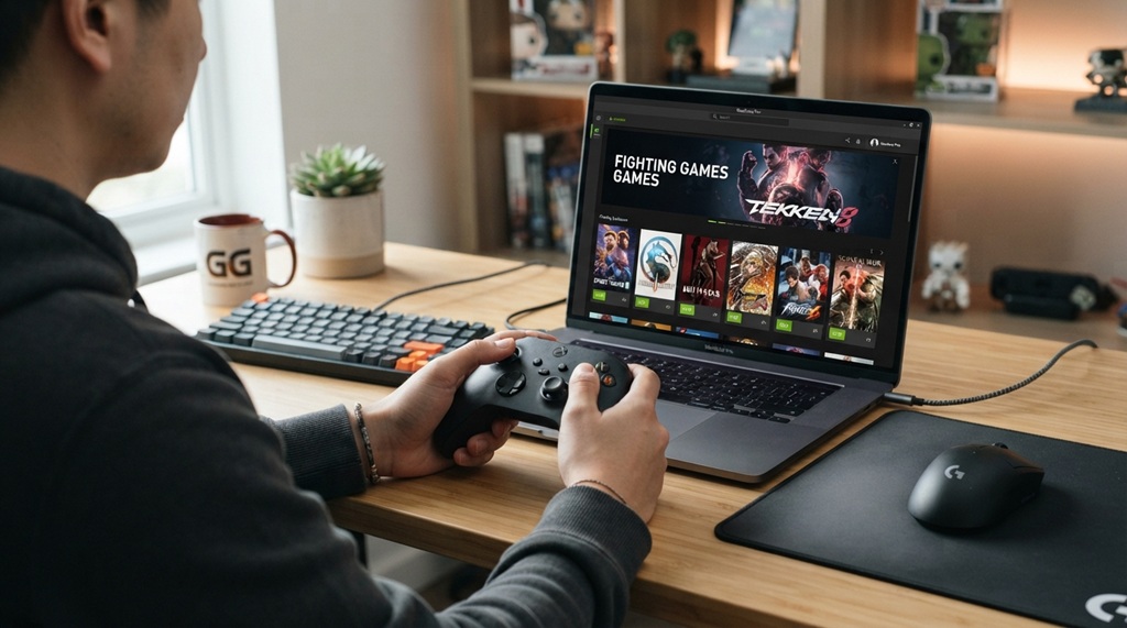 Gamer holding a controller in front of a laptop playing cloud fighting games.