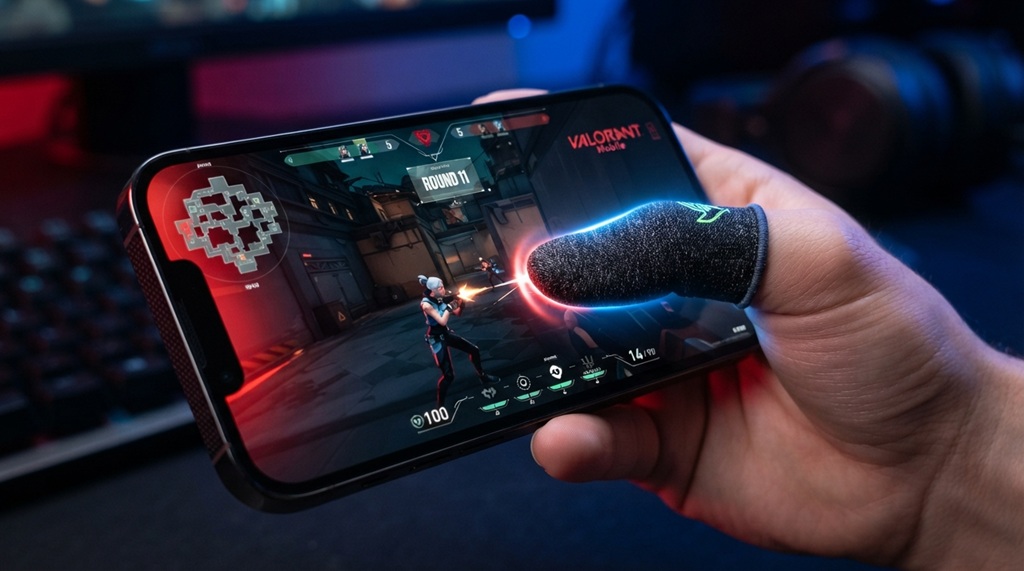 Player making precise touch gestures on phone screen using conductive finger sleeves.