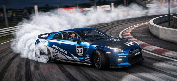 A high-performance sports car drifting through a sharp corner with tire smoke.