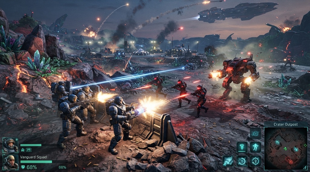 Sci-fi military units engaging in tactical battle on a real-time strategy game map.
