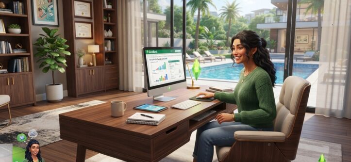 A Sim at a desktop computer with a luxury mansion visible through the window.