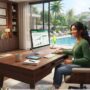 A Sim at a desktop computer with a luxury mansion visible through the window.