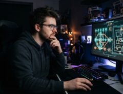 Man holding his chin while studying a hard game puzzle on a monitor.