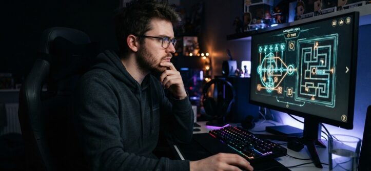 Man holding his chin while studying a hard game puzzle on a monitor.