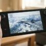 Person holding a Steam Deck playing a flight simulator game over snowy mountains.