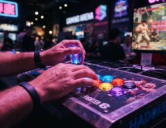 Hands resting on glowing arcade fight stick buttons during a Street Fighter match.