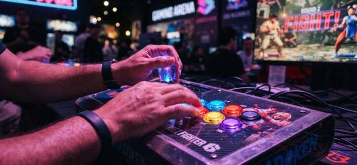 Hands resting on glowing arcade fight stick buttons during a Street Fighter match.