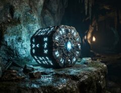 A glowing ancient stone puzzle box in a dark cave setting.
