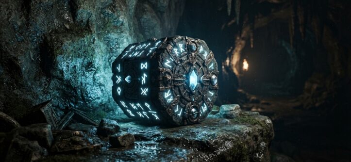 A glowing ancient stone puzzle box in a dark cave setting.