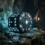 A glowing ancient stone puzzle box in a dark cave setting.