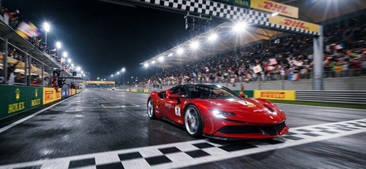 A red supercar crossing a illuminated finish line at full speed.