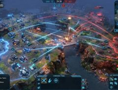 A real-time strategy game screen showing a dynamic command map and unit paths.