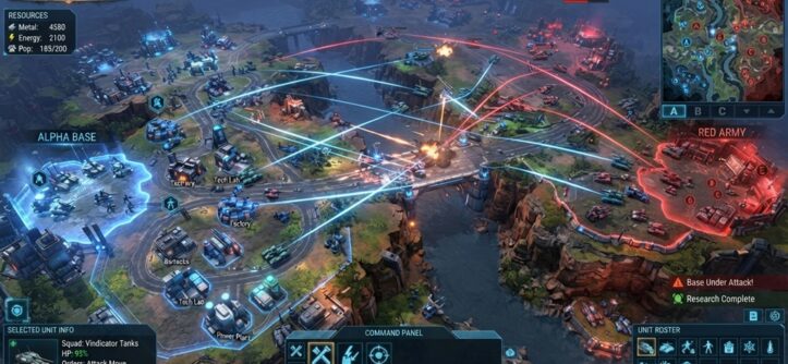 A real-time strategy game screen showing a dynamic command map and unit paths.
