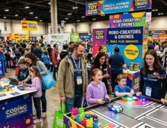 Families exploring interactive toy booths at the Chicago Toy and Game Fair 2026 inside the Donald E. Stephens Convention Center