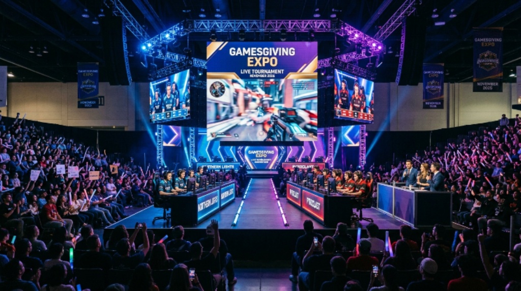 Live esports tournament stage at GamesGiving Expo November 2026