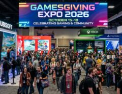 GamesGiving Expo 2026 gaming convention floor with exhibitor booths and attendees