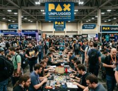 Crowded tabletop gaming convention floor at PAX Unplugged 2026 in Philadelphia