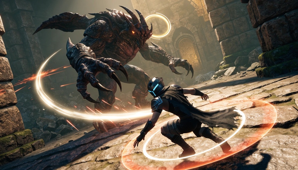 A player character dodging a massive glowing boss attack in a video game scene.