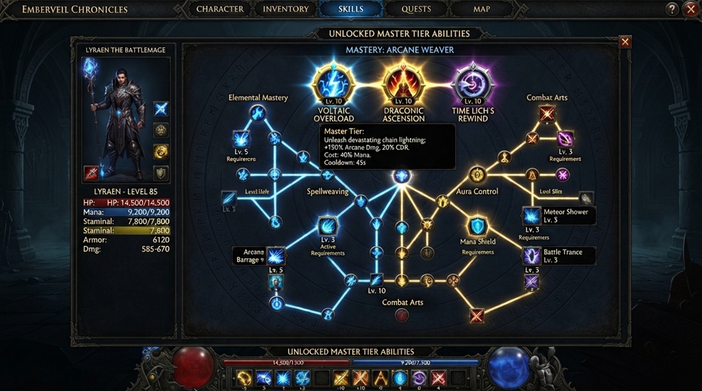 Glowing RPG skill tree menu displaying unlocked ability nodes and character stats.