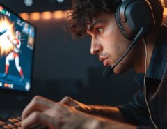 Male player focused on screen blocking an enemy attack in fighting game.
