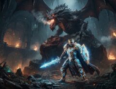 A male RPG warrior in glowing armor facing a dragon boss in a dungeon.
