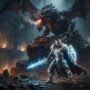 A male RPG warrior in glowing armor facing a dragon boss in a dungeon.