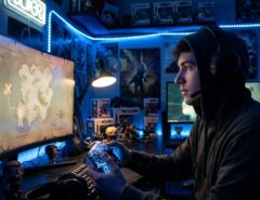 A young male gamer studying a glowing digital map for hidden open-world secrets.