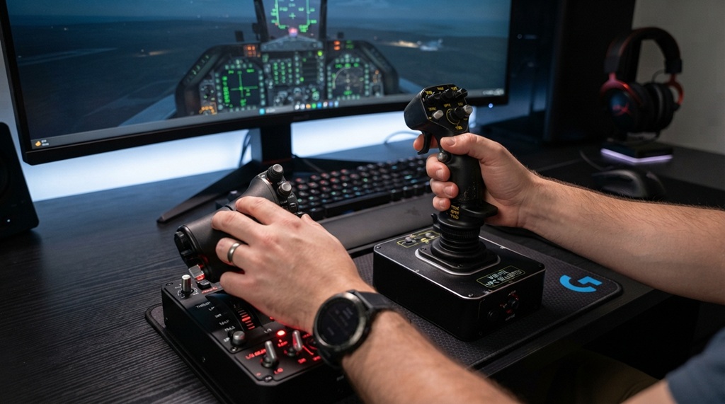 Close-up of hands operating a throttle quadrant and flight stick controller.