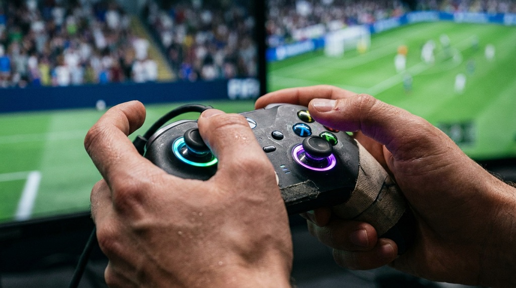 Close-up of male hands pressing buttons on a illuminated game controller.