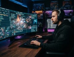 Male gamer focusing on real-time strategy resource management screen in dark room.