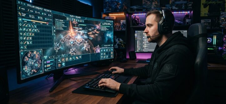 Male gamer focusing on real-time strategy resource management screen in dark room.
