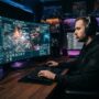 Male gamer focusing on real-time strategy resource management screen in dark room.