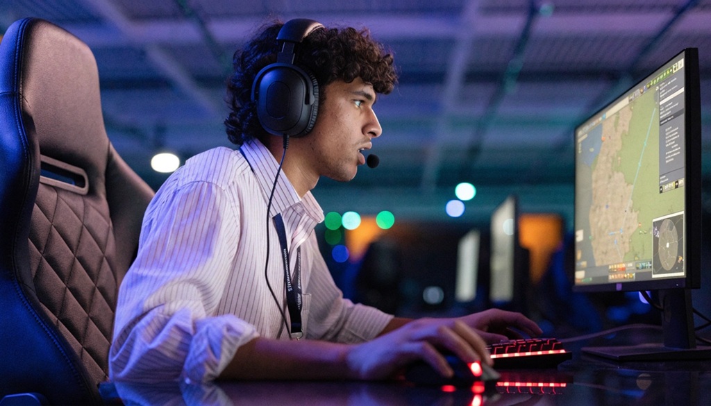 Young man using mouse and illuminated keyboard while playing real time strategy game.
