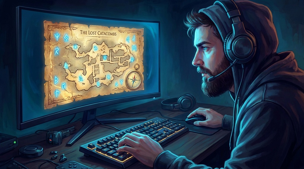 Male gamer viewing an interactive secret map on a brightly lit computer screen.