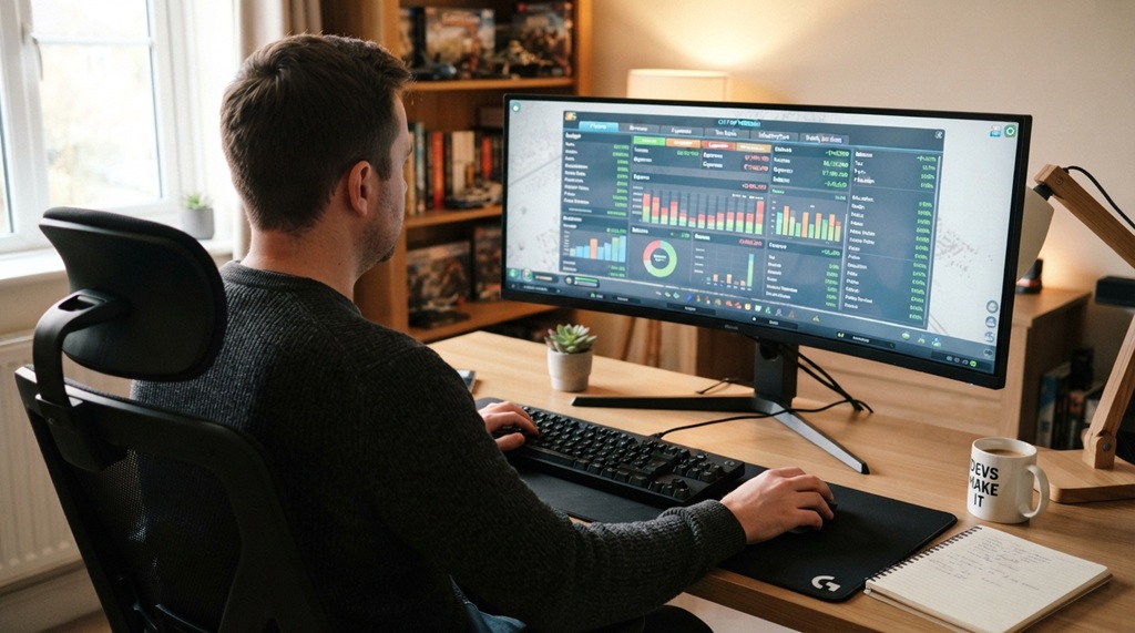 A man analyzing a complex budget menu on a city simulator screen.