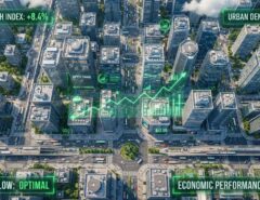 Top down view of a simulated city skyline with glowing financial stats.