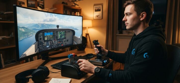 A man using a flight simulator joystick while looking at a cockpit monitor.