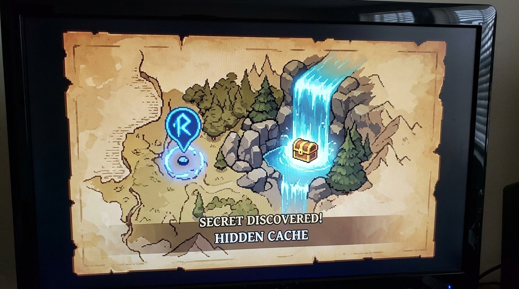 A fantasy video game map displaying a golden secret icon hidden behind a waterfall.
