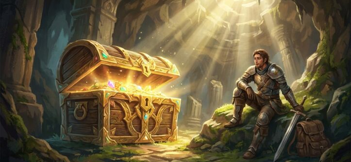 Glowing golden treasure chest inside a hidden cave next to a male fantasy adventurer.