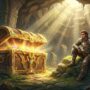 Glowing golden treasure chest inside a hidden cave next to a male fantasy adventurer.