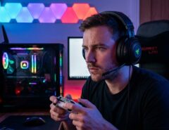 A man holding a controller while playing a fast-paced sports video game.