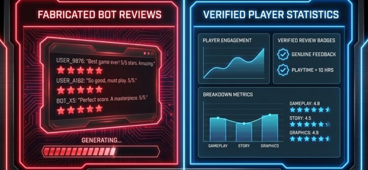 Fake video game review scores on glowing computer screen.
