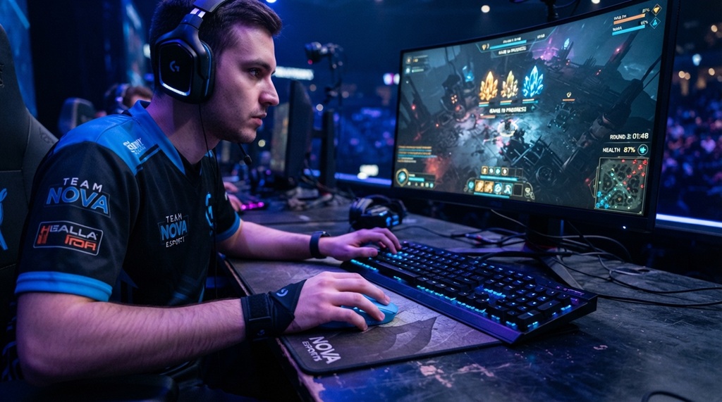 Male esports player using mechanical keyboard and mouse during competitive gameplay.