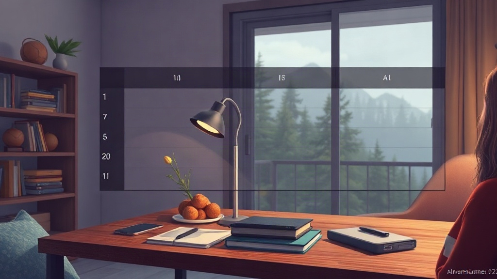A desk with books, notebooks, a lamp and a window behind showing trees.