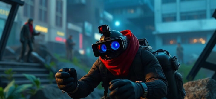 A person wearing a VR headset and red scarf crouches in a blurry city street.