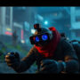 A person wearing a VR headset and red scarf crouches in a blurry city street.