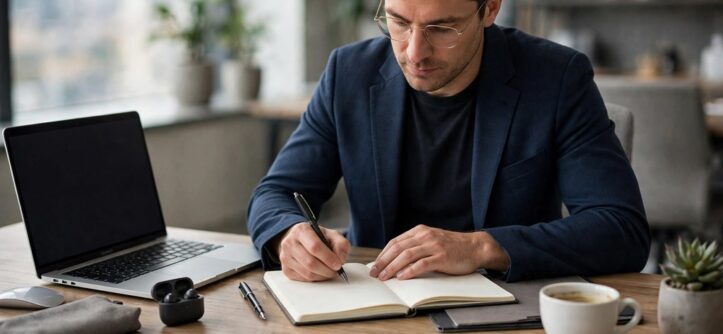 Business owner writing business requirements brief for mobile game project