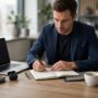 Business owner writing business requirements brief for mobile game project
