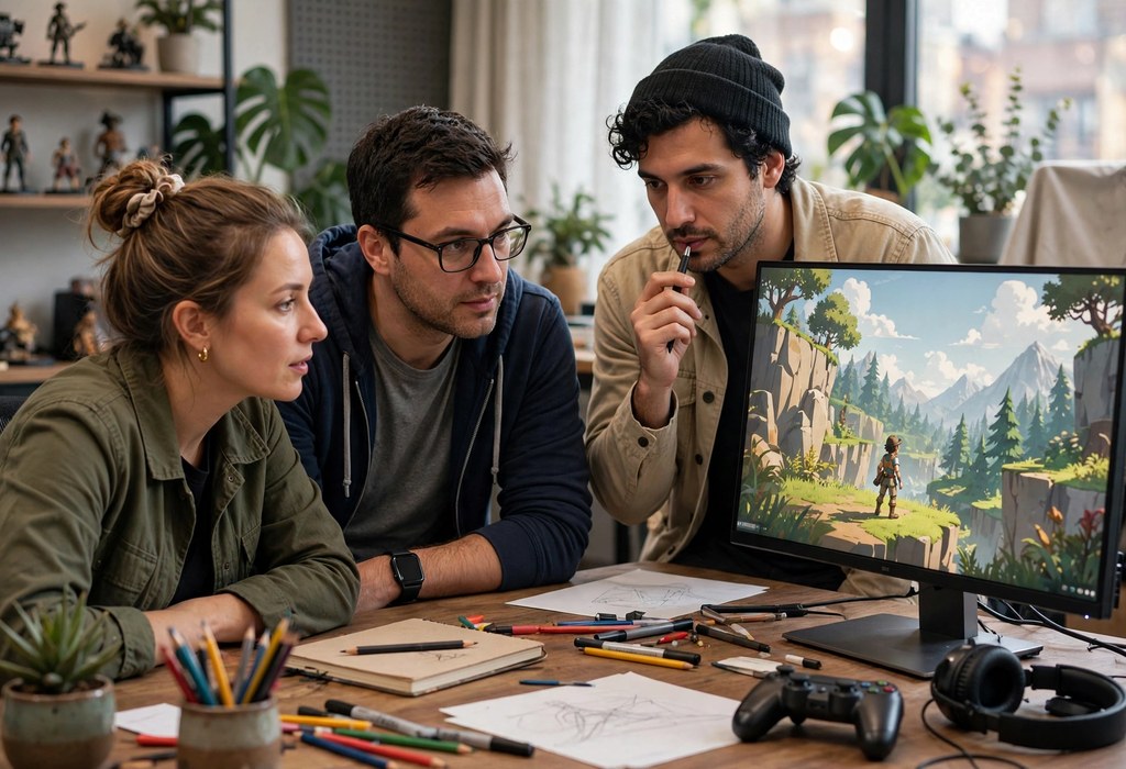 Game designer developer and artist reviewing playable prototype together
