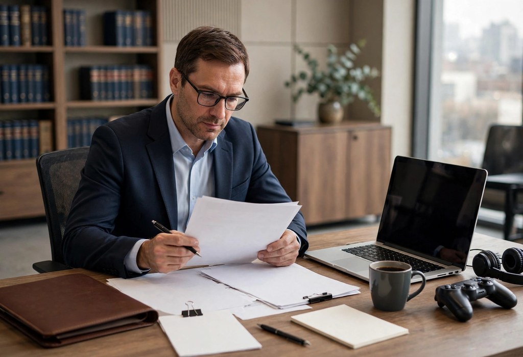 Lawyer reviewing IP ownership and source code rights in game contract